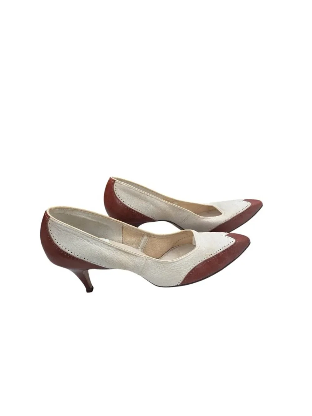 Vintage Joyce California Leather Spectator Pumps In Cream & Brown Size 8 Kitten